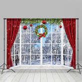 Schneebedeckt Welt Mit Weihnachten Kranz Vorhang Hintergrund